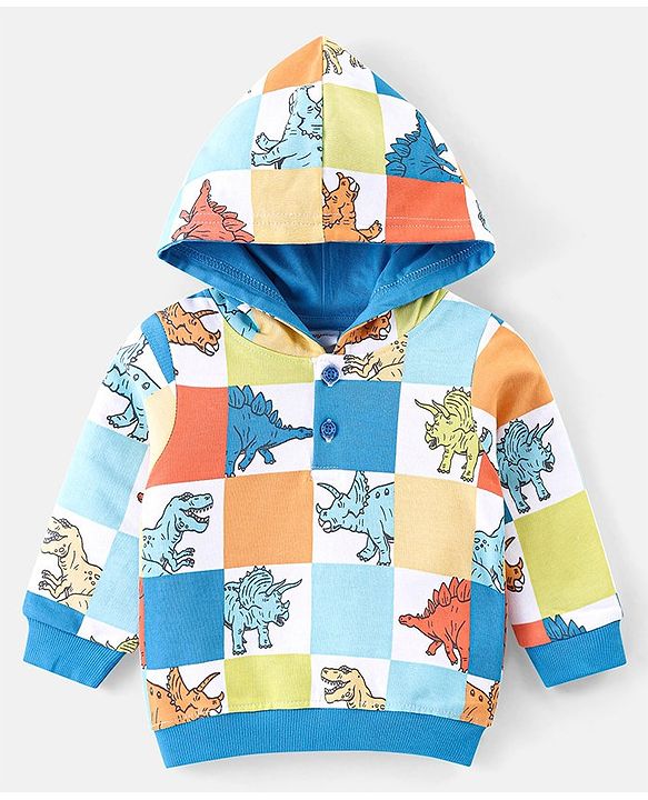 Babyhug Cotton Knit Full Sleeves Hooded T-Shirt & Lounge Pants Set With Dino Print - Blue