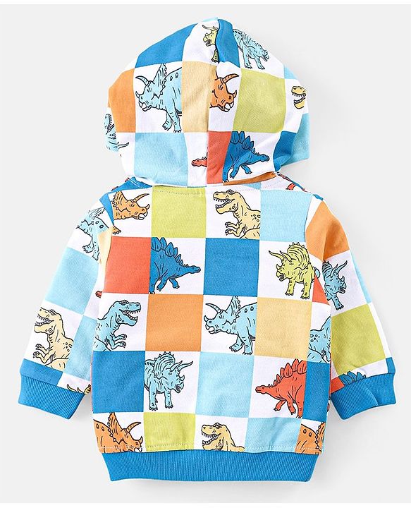 Babyhug Cotton Knit Full Sleeves Hooded T-Shirt & Lounge Pants Set With Dino Print - Blue