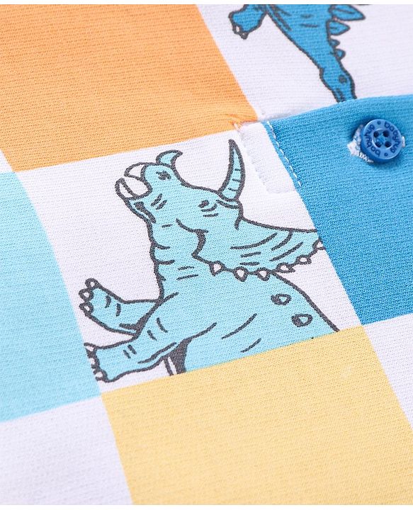 Babyhug Cotton Knit Full Sleeves Hooded T-Shirt & Lounge Pants Set With Dino Print - Blue
