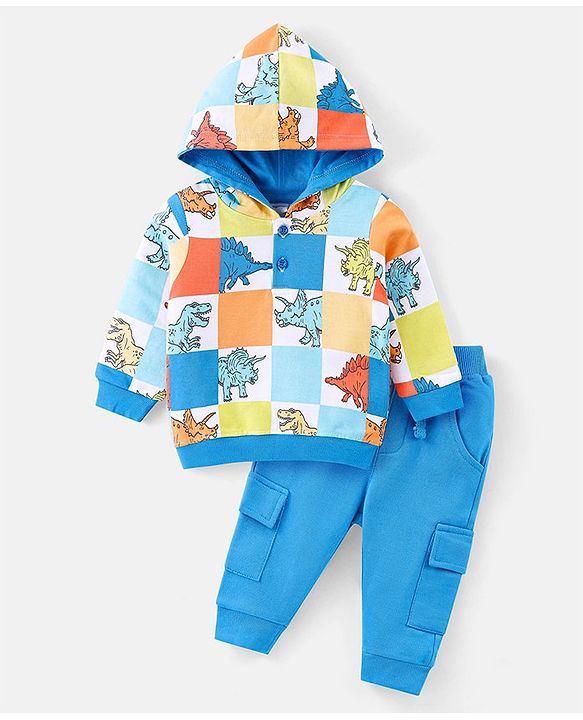 Babyhug Cotton Knit Full Sleeves Hooded T-Shirt & Lounge Pants Set With Dino Print - Blue
