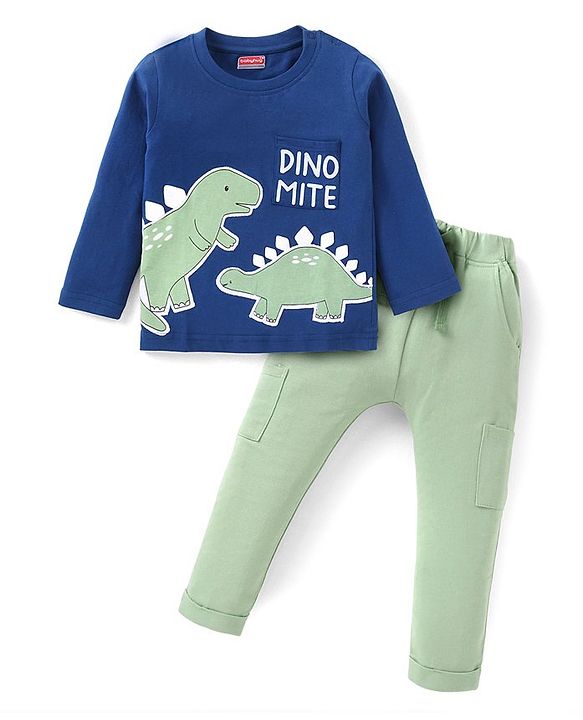 Babyhug Terry Knit Full Sleeves T-Shirt & Lounge Pants Set With Dino Applique - Blue & Green
