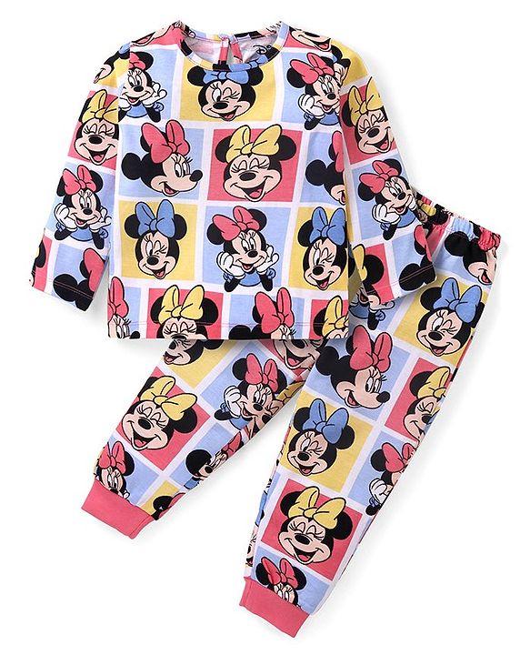 Babyhug Disney Cotton Knit Full Sleeves Night Suit With Minnie Mouse Print - White