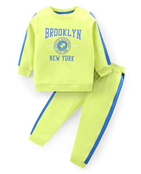 Babyhug Cotton Knit Full Sleeves T-Shirt & Lounge Pants Set With Text Print - Lime