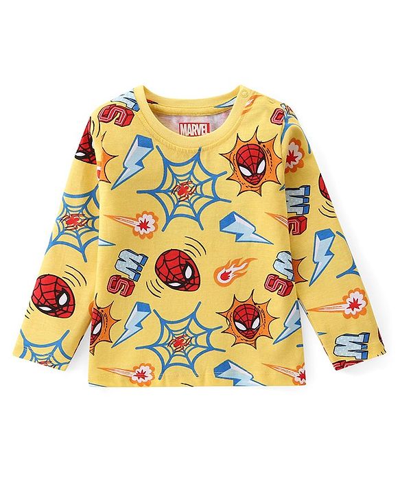 Babyhug Marvel Single Jersey Knit Full Sleeves Night Suit With Spider Man Print - Yellow
