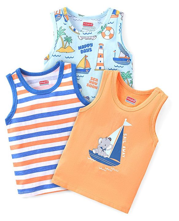 Babyhug 100% Cotton Sleeveless Antibacterial Vests Striped & Boat Print  Pack of 3 - Orange & Navy Blue