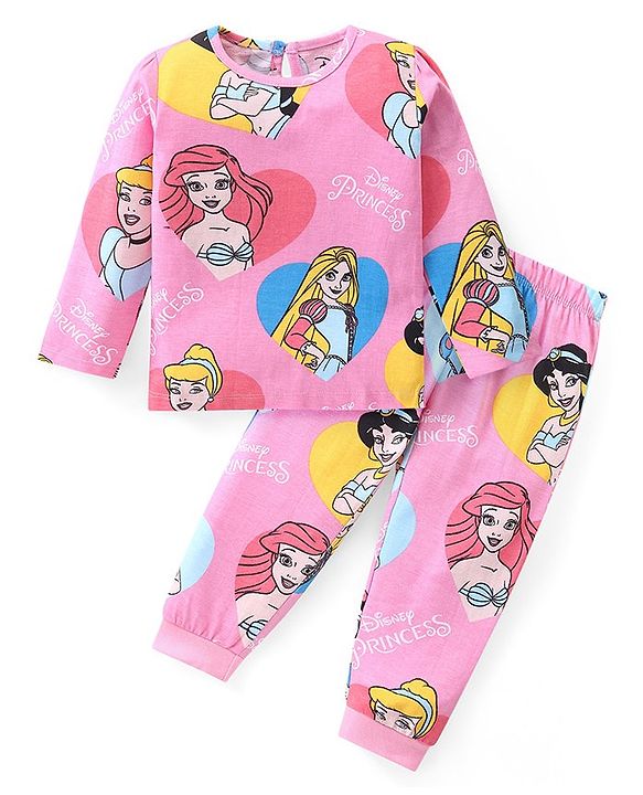Babyhug Disney Single Jersey Knit Full Sleeves Night Suit With Princess Print - Pink