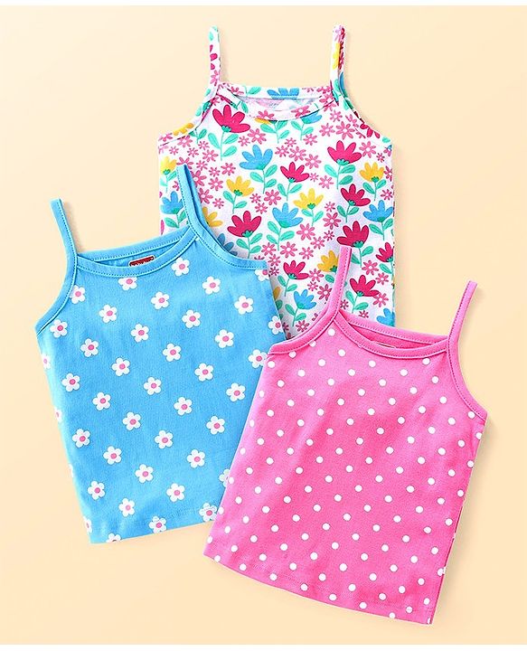 Babyhug 100% Cotton Knit Singlet Sleeves Antibacterial Slips With Polka Dots & Floral Print Pack of 3 - Blue & Pink