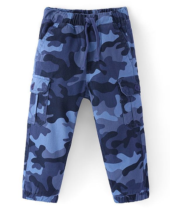Babyhug Twill Full Length Stretchable Trouser with Camouflage Print - Blue