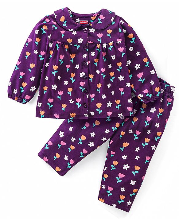 Babyhug Cotton Knit Full Sleeves Front Open Night Suit with Peter Pan Collar & Floral Print - Wine