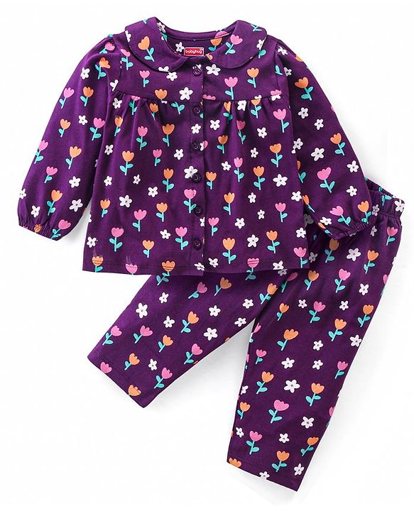 Babyhug Cotton Knit Full Sleeves Front Open Night Suit with Peter Pan Collar & Floral Print - Wine