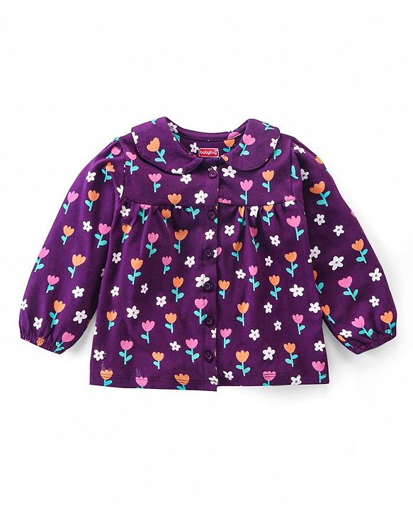 Babyhug Cotton Knit Full Sleeves Front Open Night Suit with Peter Pan Collar & Floral Print - Wine