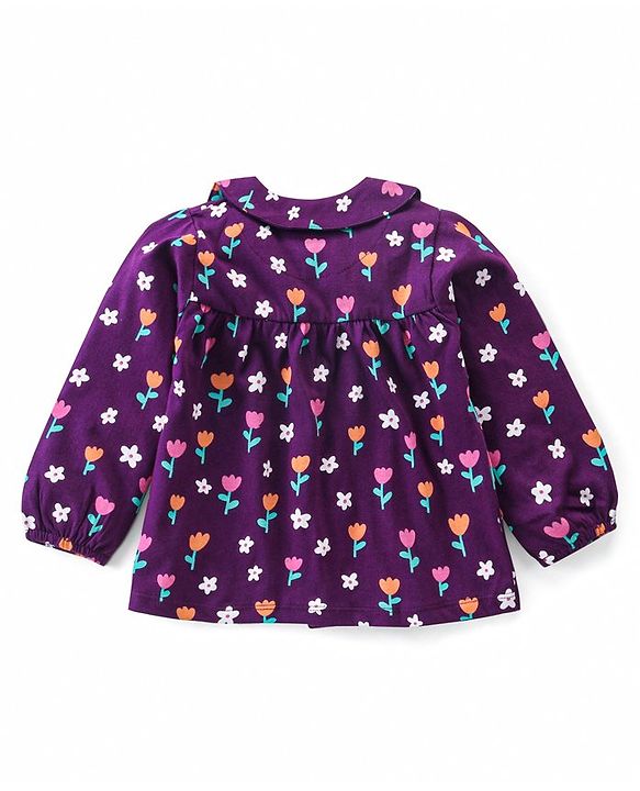 Babyhug Cotton Knit Full Sleeves Front Open Night Suit with Peter Pan Collar & Floral Print - Wine