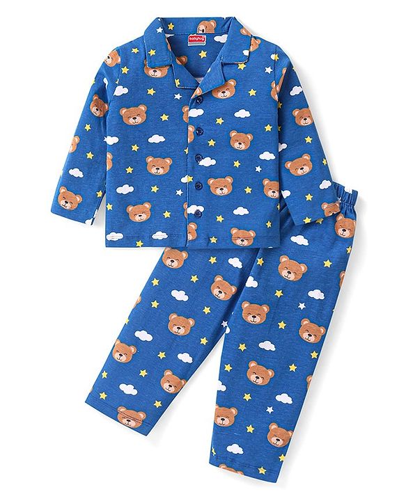 Babyhug Cotton Knit Full Sleeves Night Suit With Bear Print - Blue