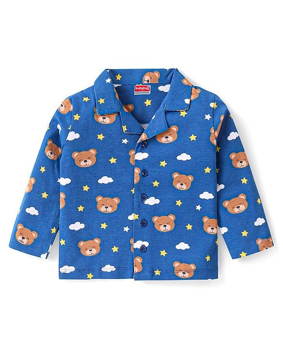 Babyhug Cotton Knit Full Sleeves Night Suit With Bear Print - Blue