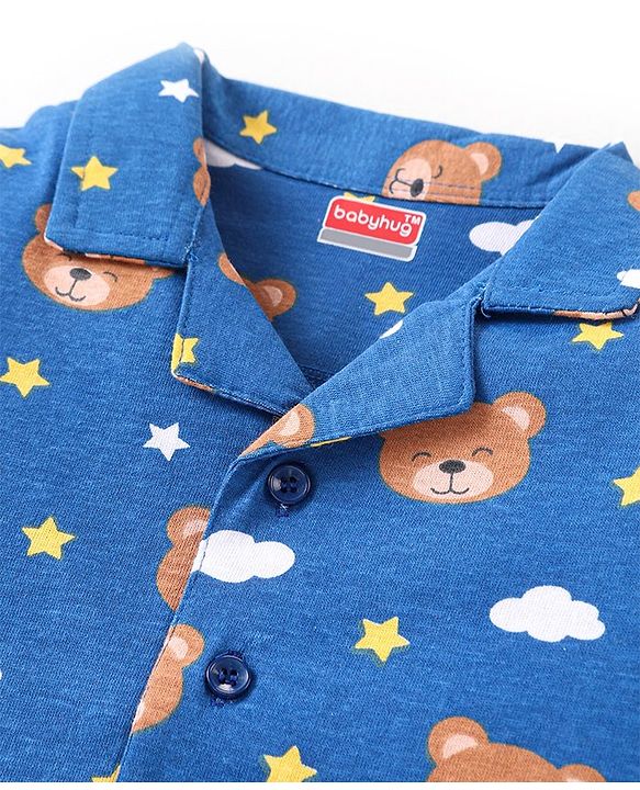 Babyhug Cotton Knit Full Sleeves Night Suit With Bear Print - Blue