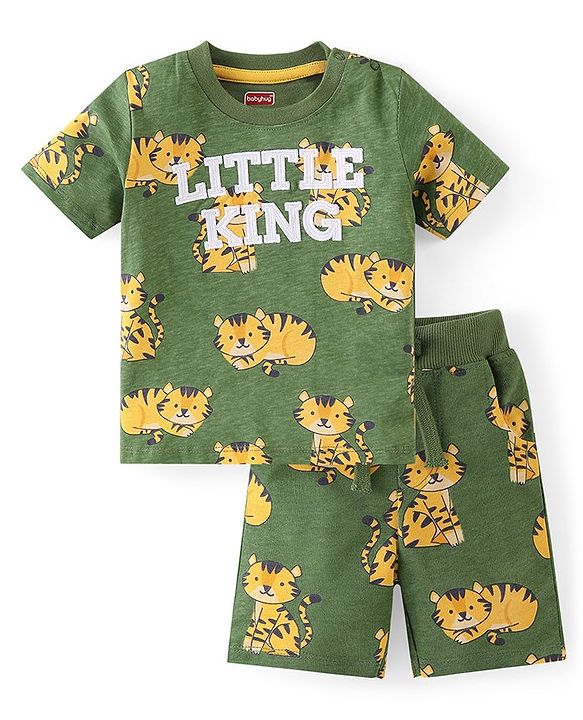 Babyhug Cotton Knit Half Sleeves T-Shirt & Shorts Co-Ord Set With Little King Cub Print - Green