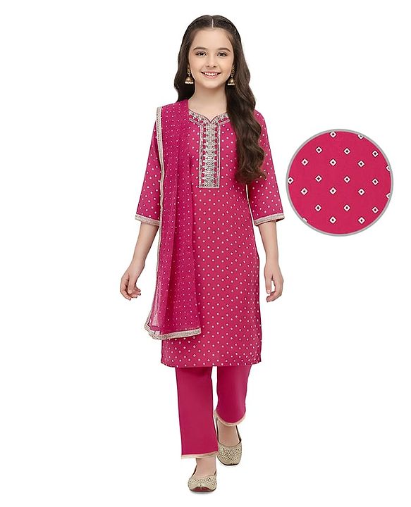 Pine Kids Woven Three Fourth Sleeves  Bandhani Foil Printed Kurta & Churidar Set with Dupatta & Floral Embroidery - Pink