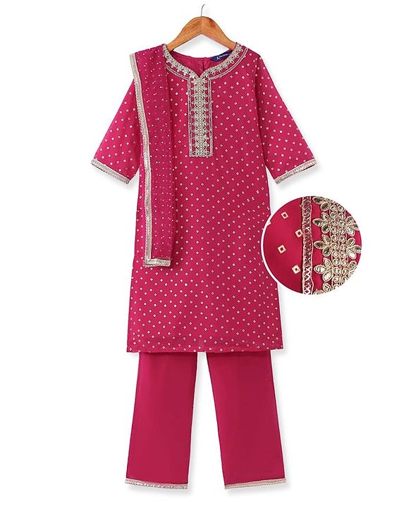 Pine Kids Woven Three Fourth Sleeves  Bandhani Foil Printed Kurta & Churidar Set with Dupatta & Floral Embroidery - Pink