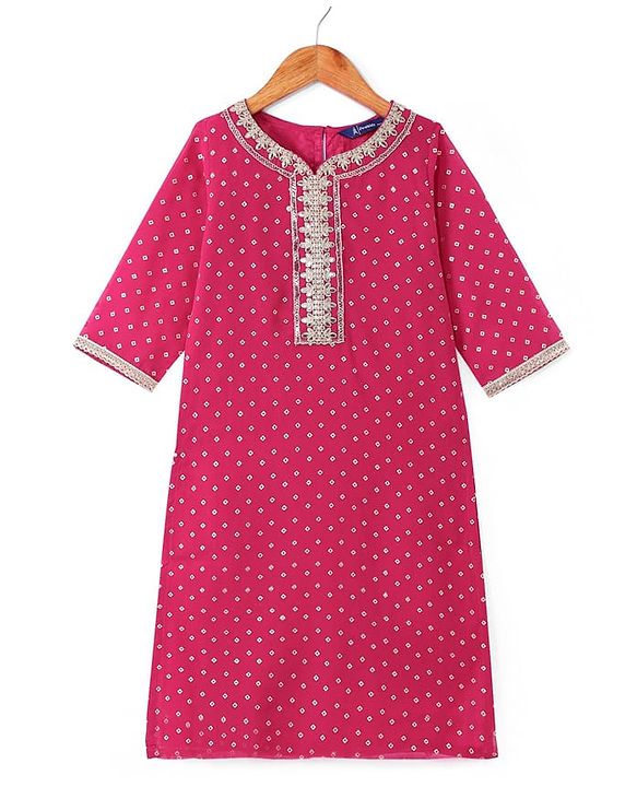 Pine Kids Woven Three Fourth Sleeves  Bandhani Foil Printed Kurta & Churidar Set with Dupatta & Floral Embroidery - Pink