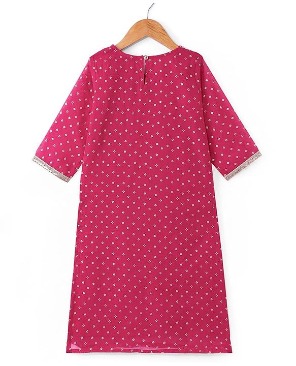 Pine Kids Woven Three Fourth Sleeves  Bandhani Foil Printed Kurta & Churidar Set with Dupatta & Floral Embroidery - Pink