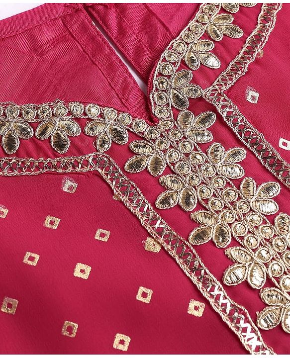 Pine Kids Woven Three Fourth Sleeves  Bandhani Foil Printed Kurta & Churidar Set with Dupatta & Floral Embroidery - Pink