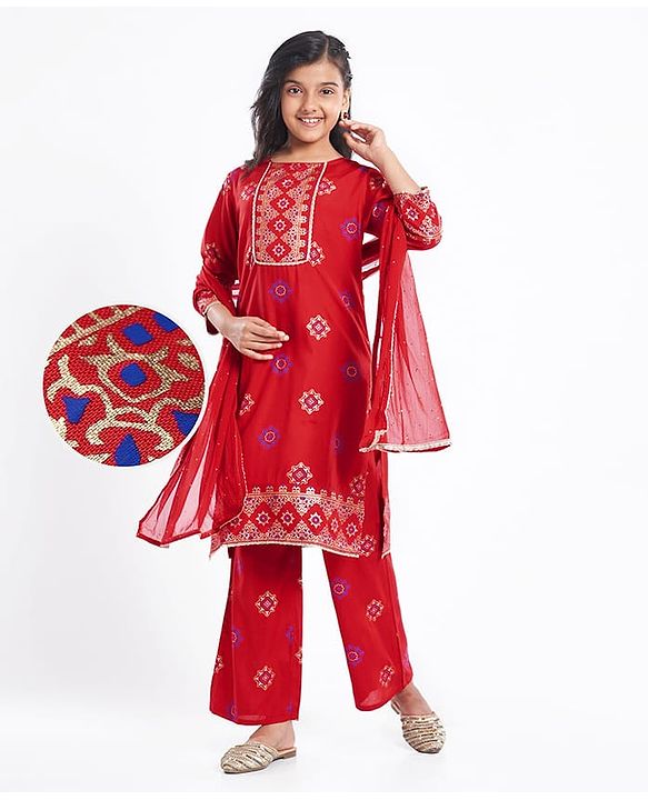 Pine Kids Woven Full Sleeves Printed Kurta Salwar Set with Dupatta - Red