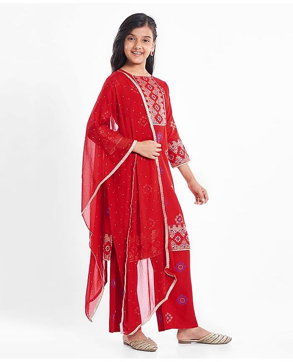 Pine Kids Woven Full Sleeves Printed Kurta Salwar Set with Dupatta - Red