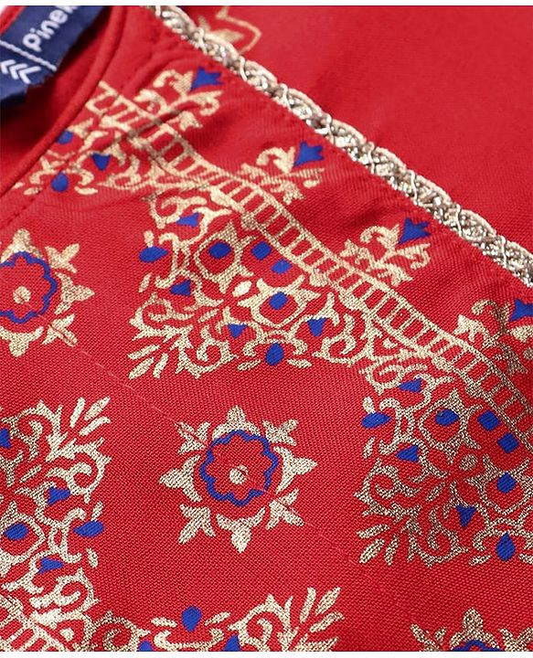 Pine Kids Woven Full Sleeves Printed Kurta Salwar Set with Dupatta - Red