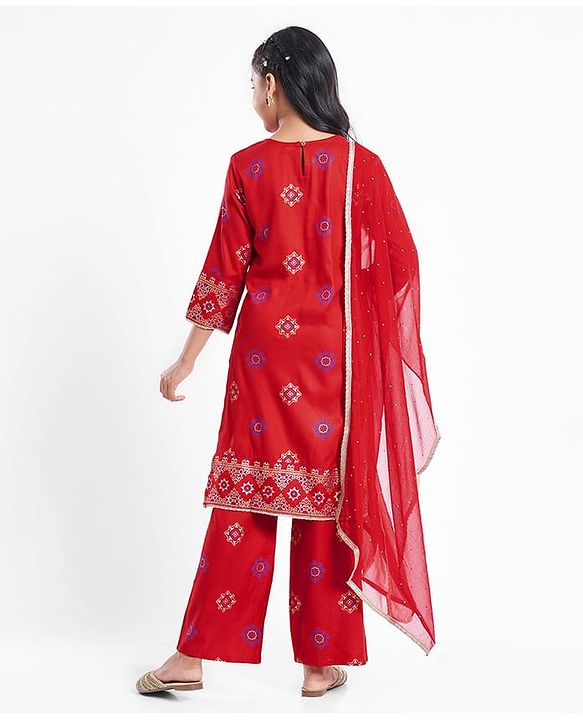 Pine Kids Woven Full Sleeves Printed Kurta Salwar Set with Dupatta - Red