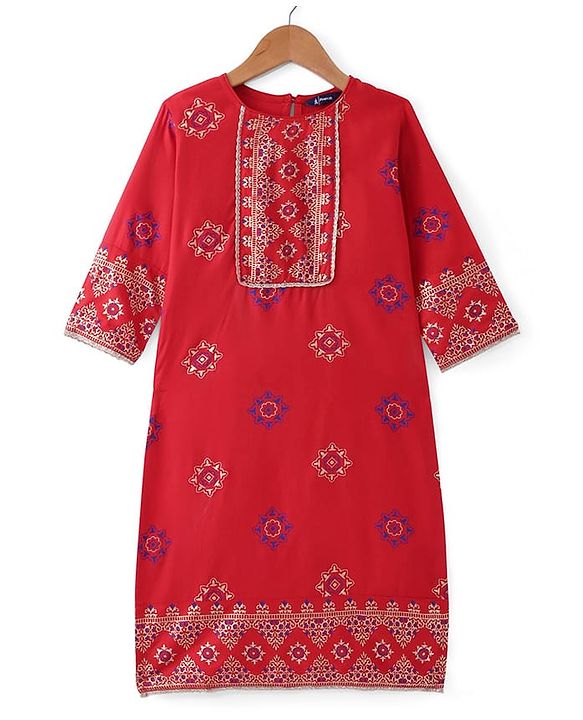 Pine Kids Woven Full Sleeves Printed Kurta Salwar Set with Dupatta - Red