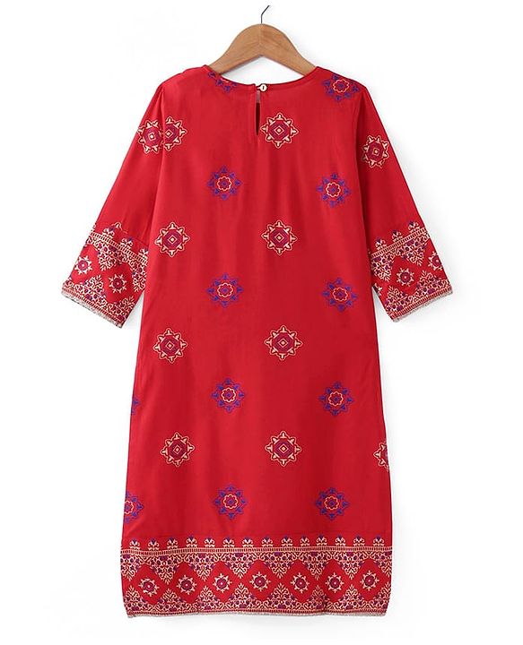 Pine Kids Woven Full Sleeves Printed Kurta Salwar Set with Dupatta - Red
