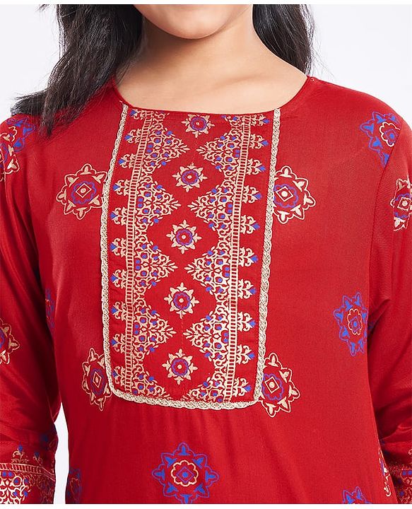 Pine Kids Woven Full Sleeves Printed Kurta Salwar Set with Dupatta - Red