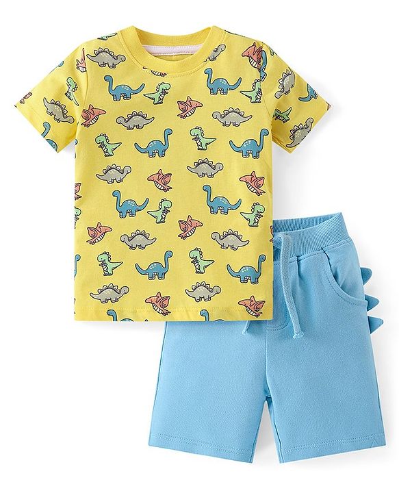 Babyhug Cotton Knit Half Sleeves T-Shirt & Shorts Set With Dino Print - Yellow & Blue