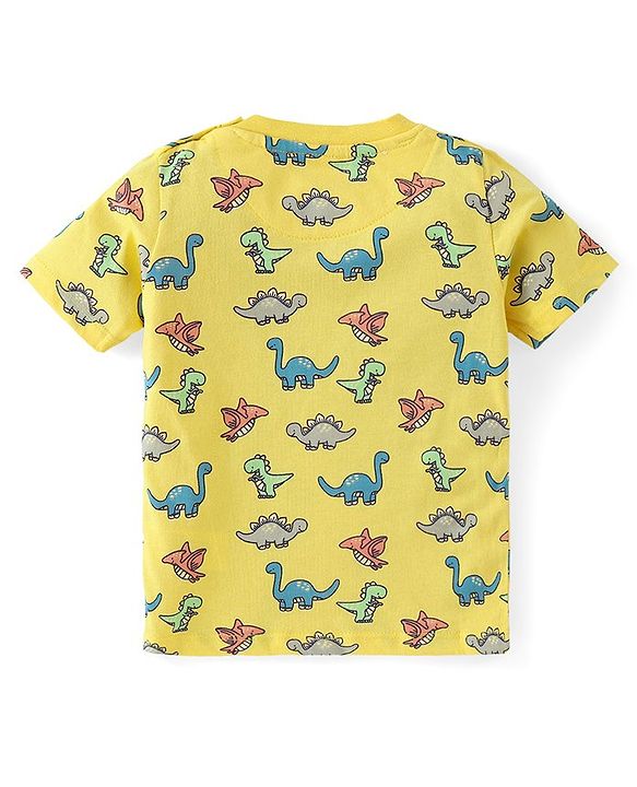 Babyhug Cotton Knit Half Sleeves T-Shirt & Shorts Set With Dino Print - Yellow & Blue