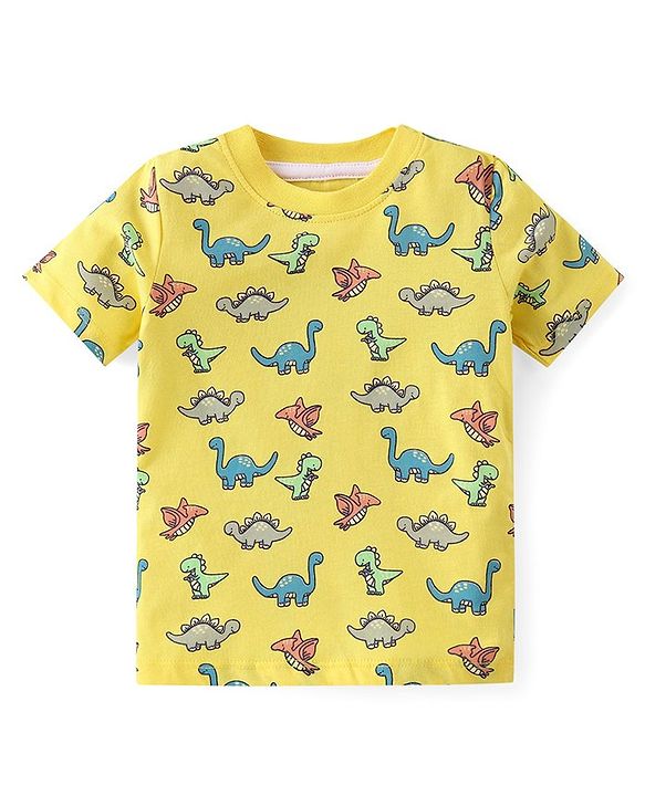 Babyhug Cotton Knit Half Sleeves T-Shirt & Shorts Set With Dino Print - Yellow & Blue