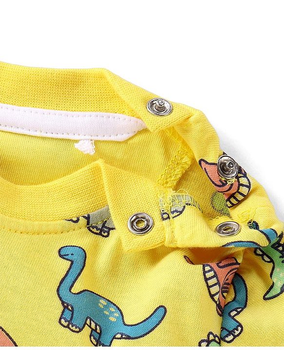 Babyhug Cotton Knit Half Sleeves T-Shirt & Shorts Set With Dino Print - Yellow & Blue