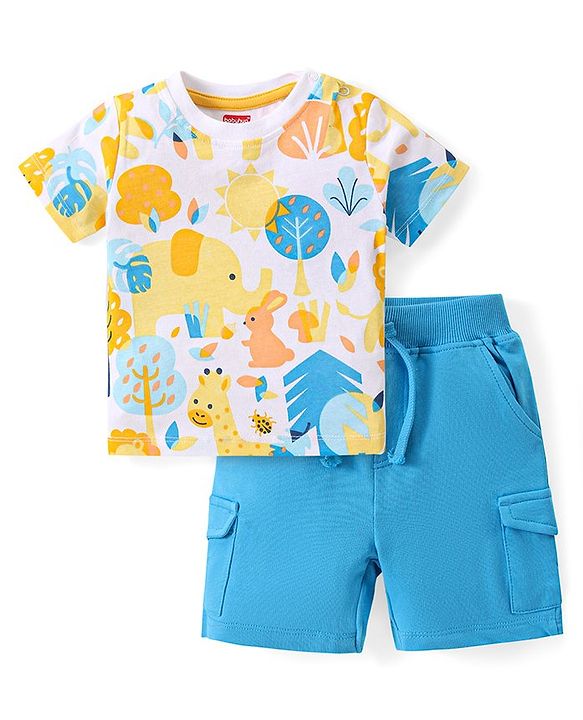 Babyhug Single Jersey Knit Half Sleeves T-Shirt & Shorts Set with Elephant Print - Blue & White