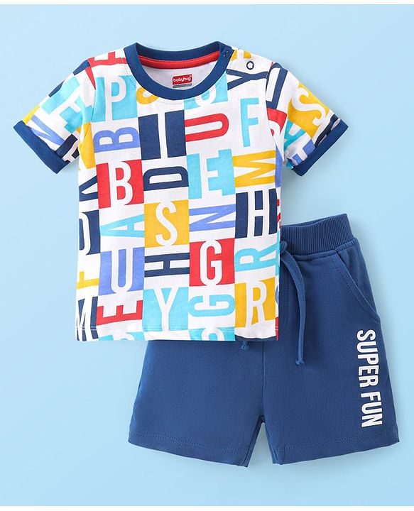 Babyhug Single Jersey Knit Half Sleeves T-Shirt & Short Set with Text Print - Blue & White