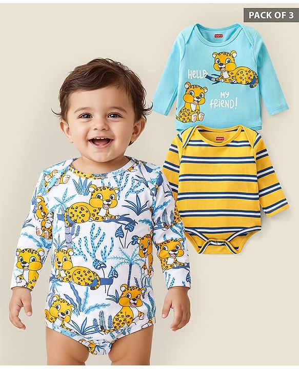Babyhug 100% Cotton Full Sleeves Onesies Baby Leopard Print Pack of 3 - Blue & Yellow