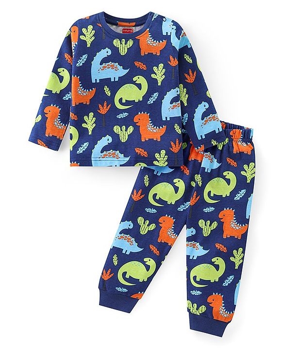 Babyhug Cotton Knit Full Sleeves Night Suit with Dino Print - Blue