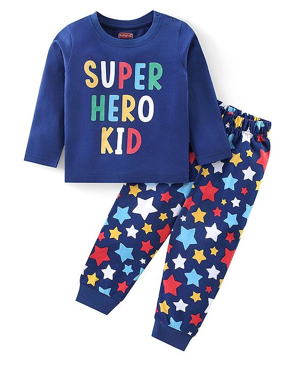 Babyhug Cotton Knit Full Sleeves Night Suit with Text & Star Print - Navy Blue