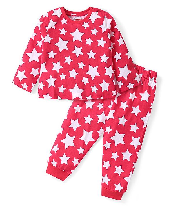 Babyhug Cotton Knit Full Sleeves Night Suit With Stars Print - Red