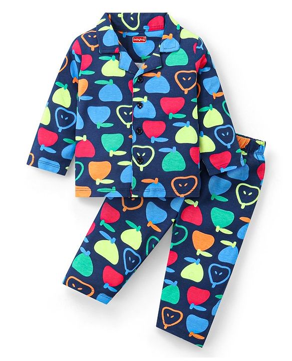 Babyhug Cotton Knit Full Sleeves Front Open Night Suit With Fruits Print - Navy