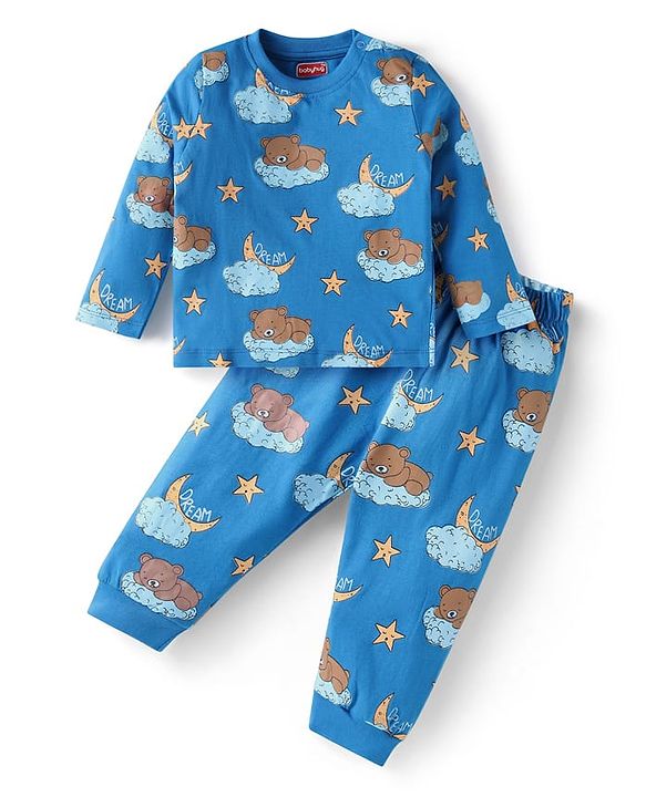 Babyhug Cotton Knit Full Sleeves Bear Printed Night Suit -  Blue