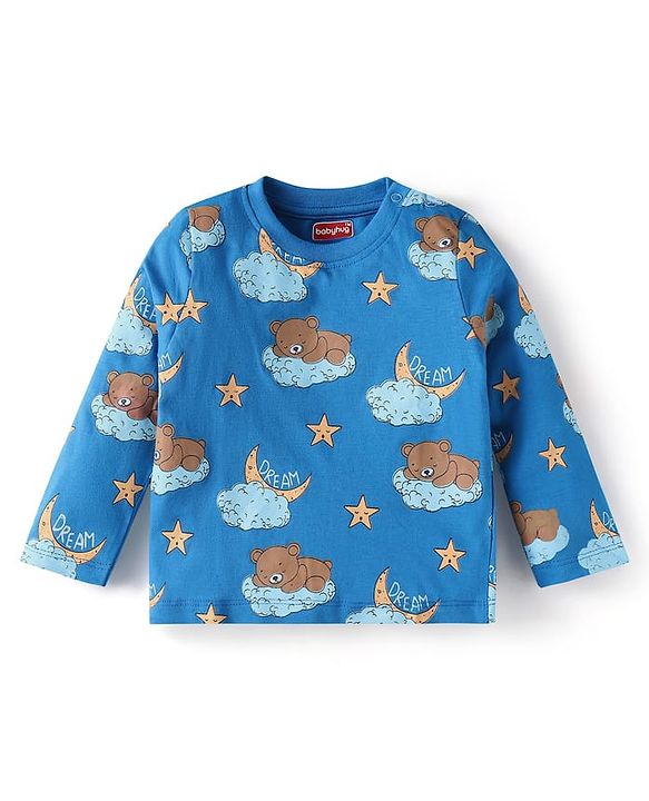 Babyhug Cotton Knit Full Sleeves Bear Printed Night Suit -  Blue