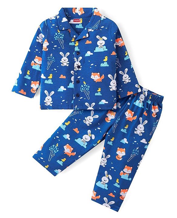 Babyhug Cotton Knit Full Sleeves Night Suit With Animals Print - Blue