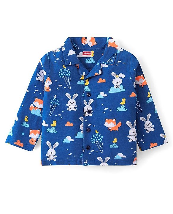 Babyhug Cotton Knit Full Sleeves Night Suit With Animals Print - Blue
