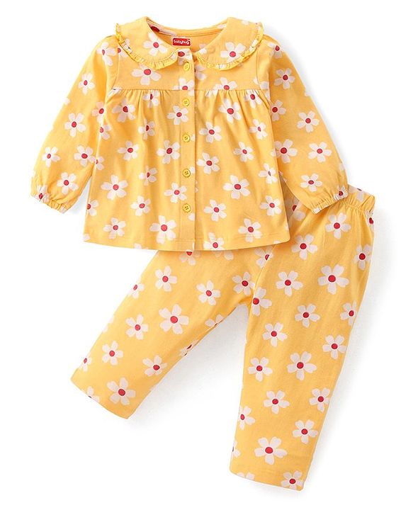 Babyhug Cotton Knit Full Sleeves Peter Pan Collared Night Suit With Floral Print - Yellow