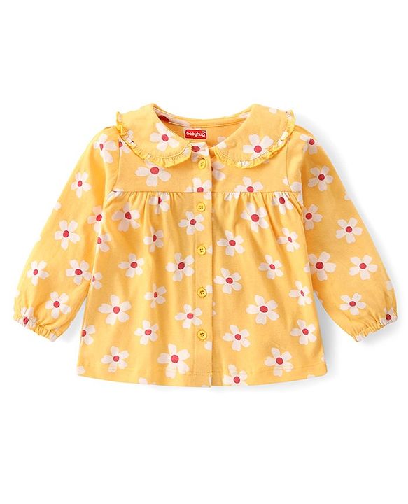 Babyhug Cotton Knit Full Sleeves Peter Pan Collared Night Suit With Floral Print - Yellow