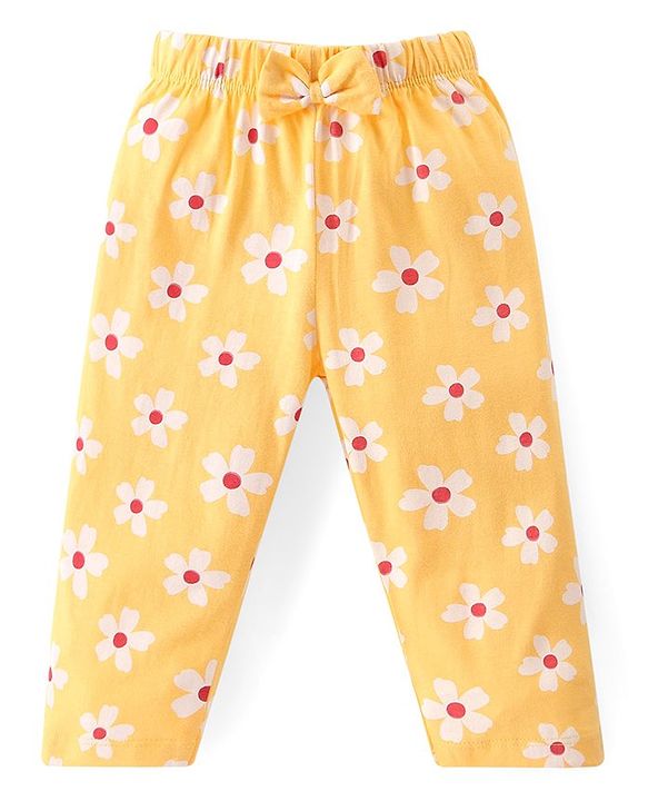 Babyhug Cotton Knit Full Sleeves Peter Pan Collared Night Suit With Floral Print - Yellow
